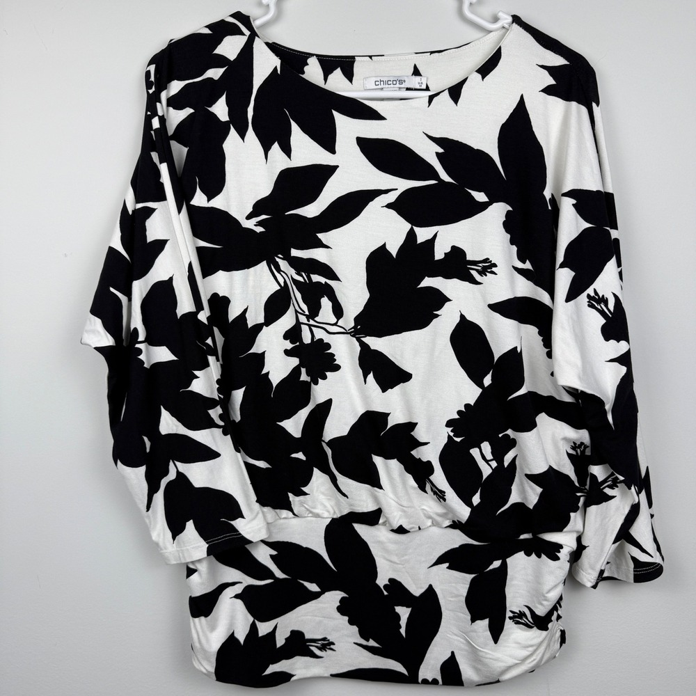 Chico's 1 M Floral Dolman Sleeve Blouson Tunic Top Black White Stretch Knit Chic
